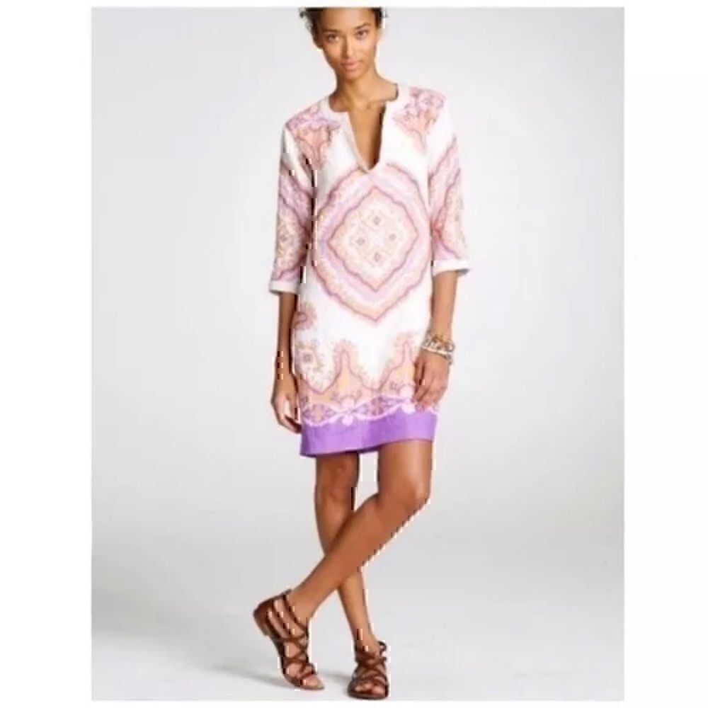 J. Crew Bazar Geometric Linen Blend 3/4 Sleeve Sheath Shirt Dress Boho Size 0